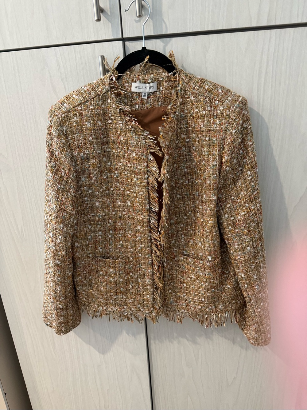 Willa Story Tweed Frayed-Trim Jacket in Camel Tweed